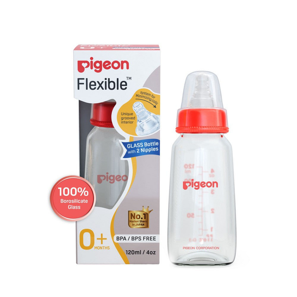 Red Glass Feeding Bottle With 2 Nipple - 120ml