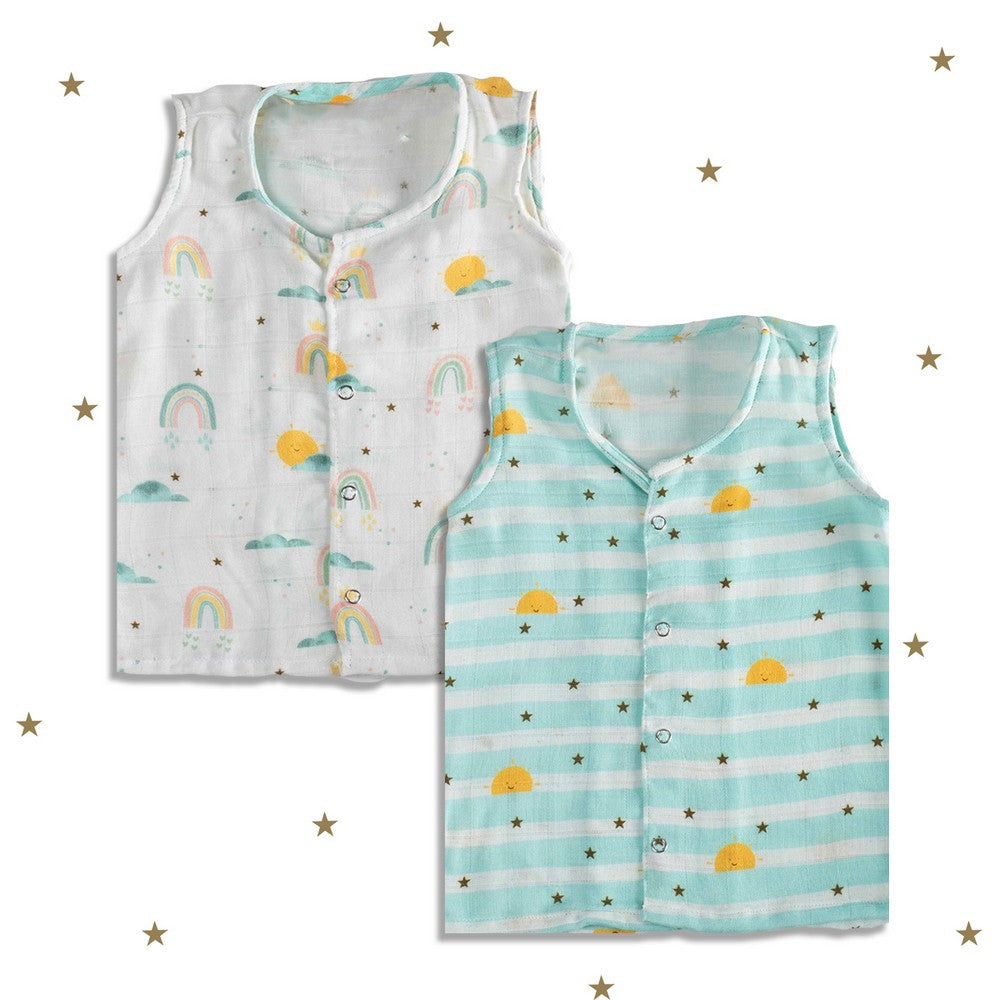 Colorful Rainbow Theme Muslin Sleeveless Jhablas - Pack Of 2
