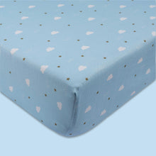 Load image into Gallery viewer, Blue Clouds Theme Organic Fitted Cot Sheet
