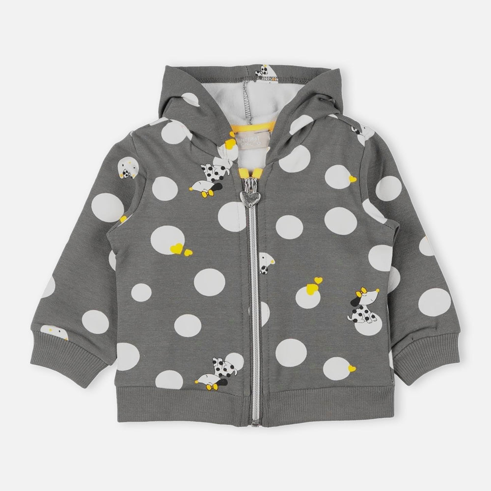 Grey Polka Dots Printed Hooded Winter Jacket