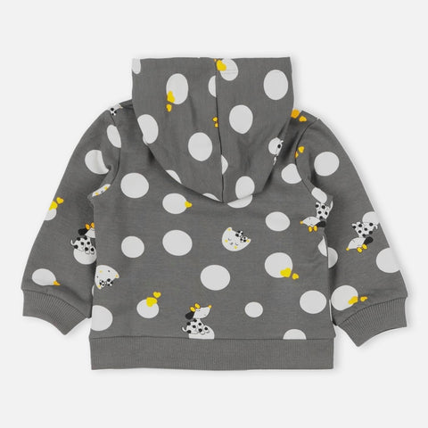 Grey Polka Dots Printed Hooded Winter Jacket