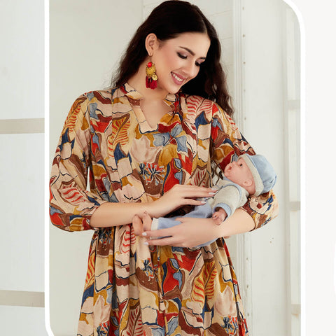 Beige Tropical Printed Maternity Nursing Top