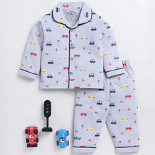 Load image into Gallery viewer, Grey &amp; White Vehicle Theme Full Sleeve Cotton Nightwear Set
