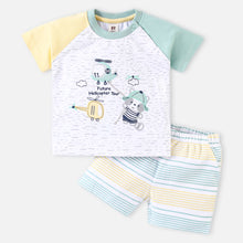 Load image into Gallery viewer, Green Embroidered Half Sleeves T-Shirt With Striped Shorts
