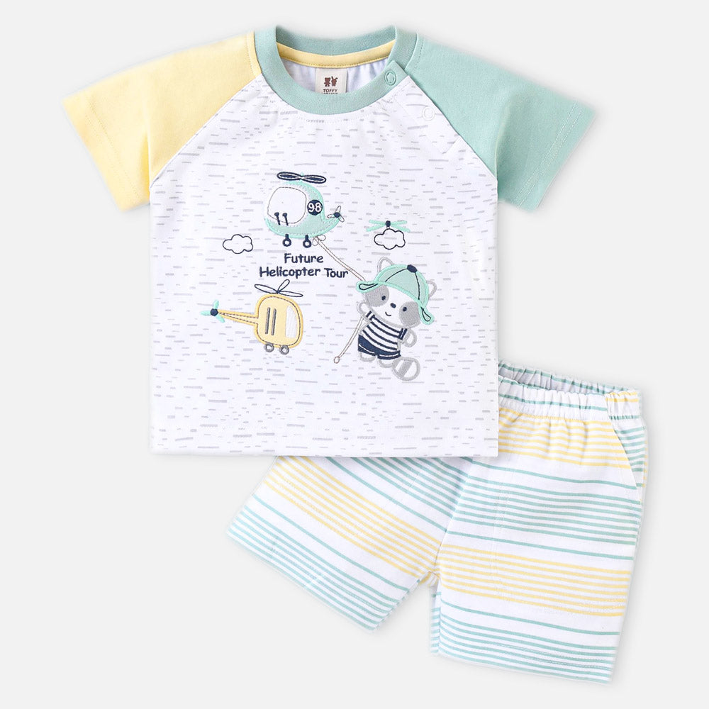 Green Embroidered Half Sleeves T-Shirt With Striped Shorts