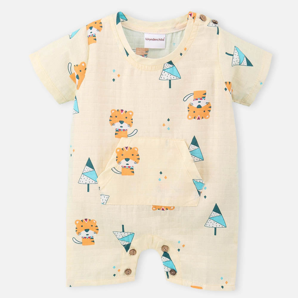 Yellow Tiger Baby Printed Half Sleeves Cotton Romper