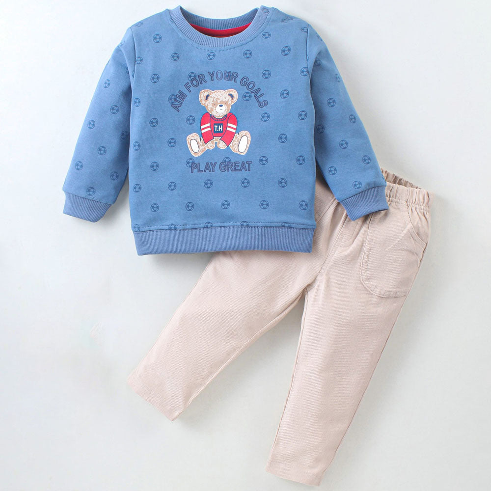 Blue Bear Theme Full Sleeves T-Shirt With Beige Corduroy Pant