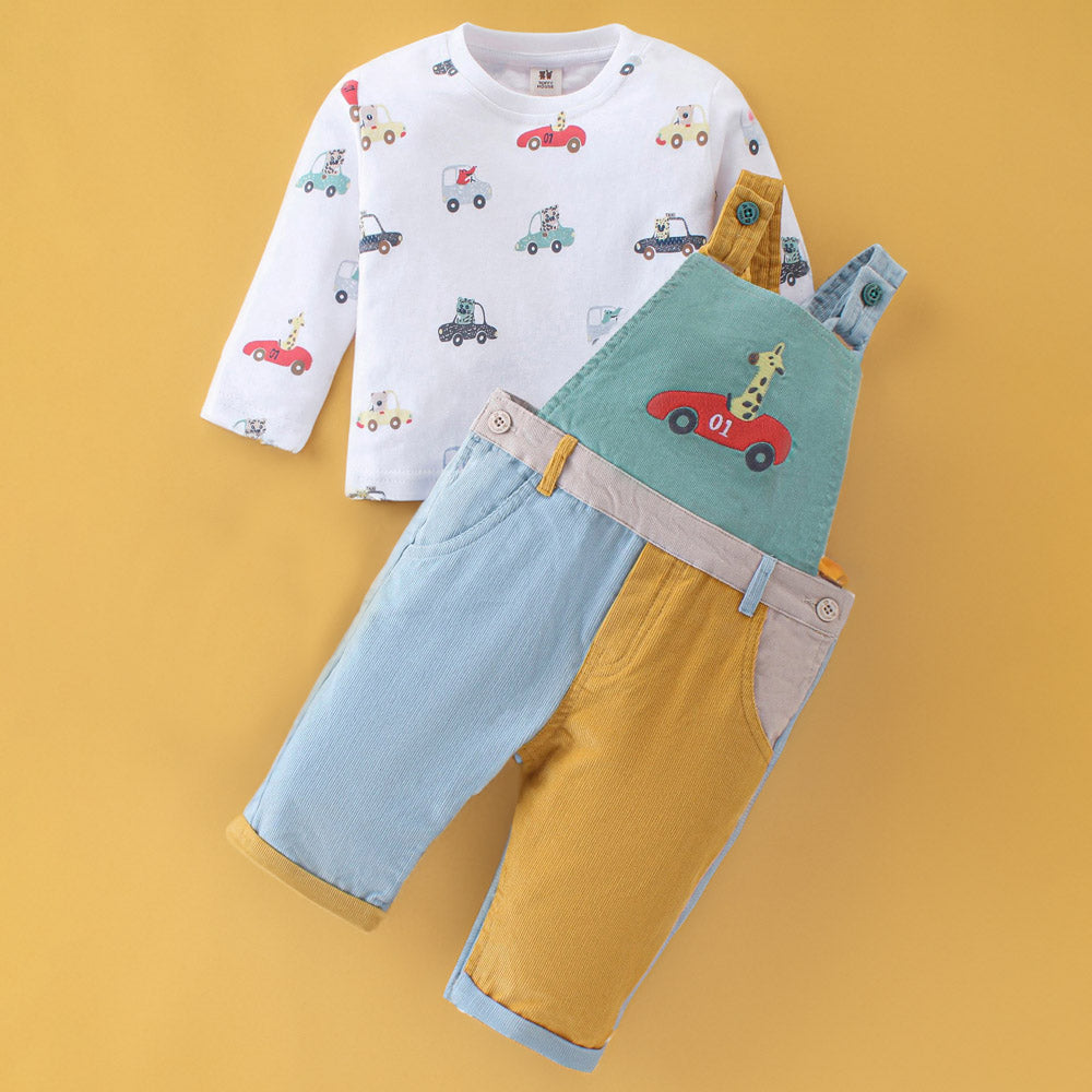 Colorblock Embroidered Dungaree With Full Sleeves T-Shirt