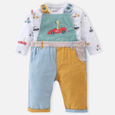 Colorblock Embroidered Dungaree With Full Sleeves T-Shirt