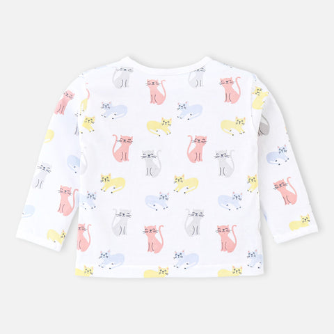 White Kitty Theme Full Sleeves Cotton Night Suit