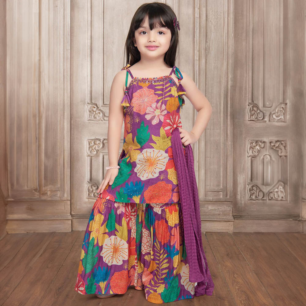 Purple & Pink Tropical Printed Dress With Sharara & Dupatta