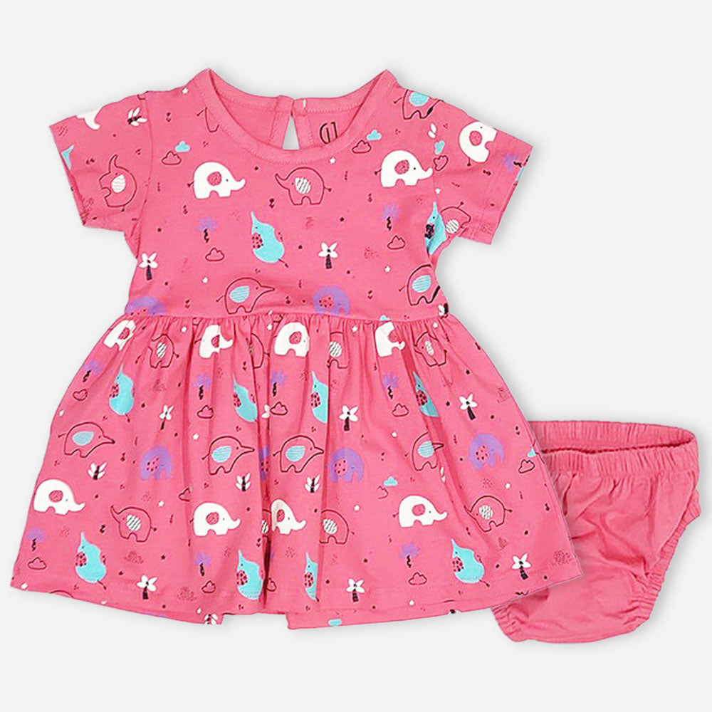 Pink Elephant Theme Dress With Bloomer