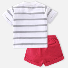 Load image into Gallery viewer, White Striped T-Shirt With Red Corduroy Shorts
