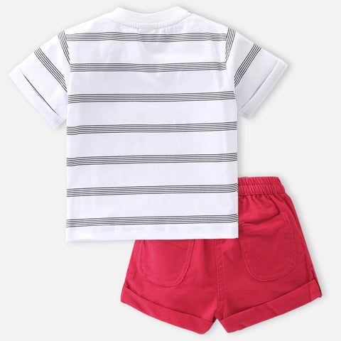 White Striped T-Shirt With Red Corduroy Shorts