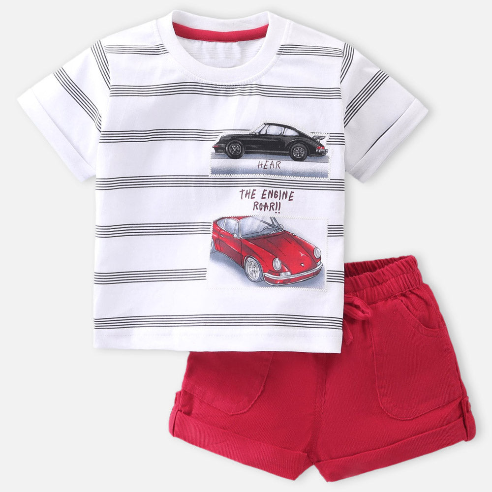 White Striped T-Shirt With Red Corduroy Shorts