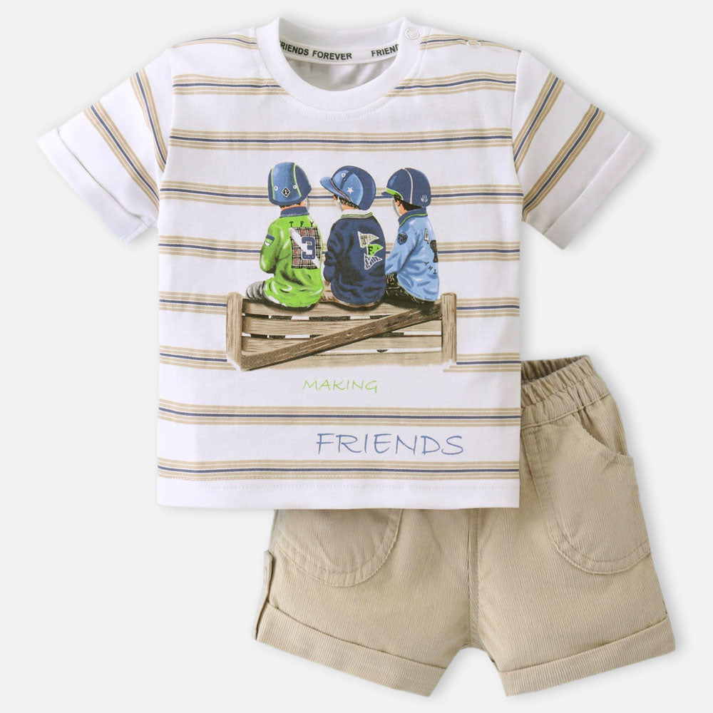 White Striped T-Shirt With Beige Corduroy Shorts