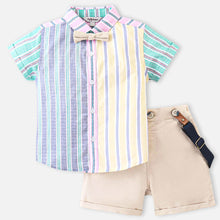 Load image into Gallery viewer, Striped Printed Shirt &amp; Beige Shorts With Suspender Set
