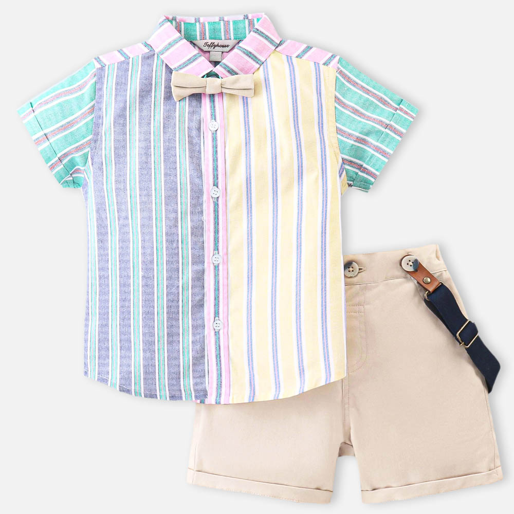 Striped Printed Shirt & Beige Shorts With Suspender Set