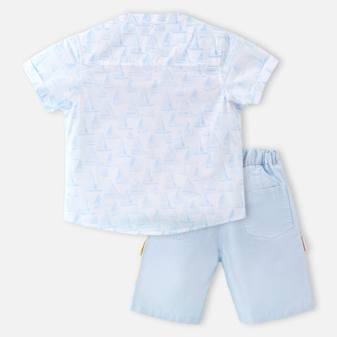 White Boat Theme Shirt With Color Block Shorts