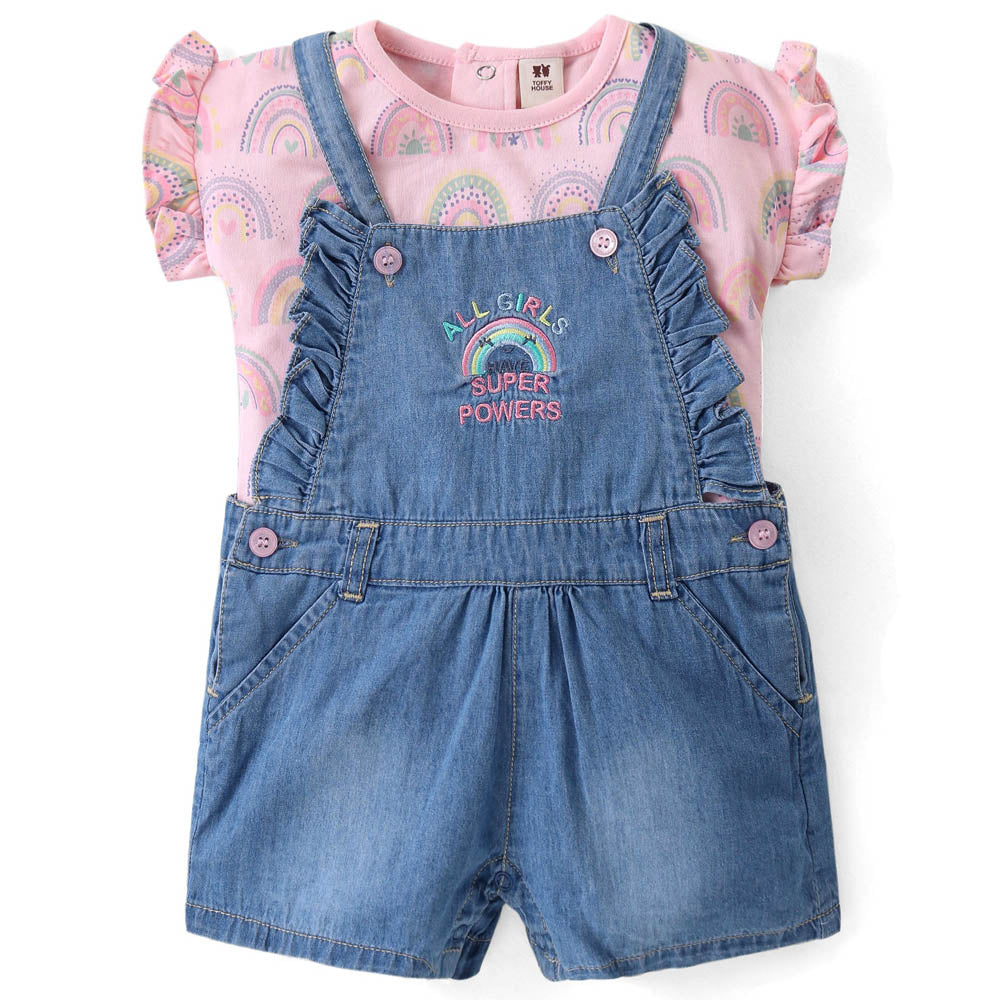 Pink Rainbow Theam  Frill Sleeves T-Shirt & Dungaree Set