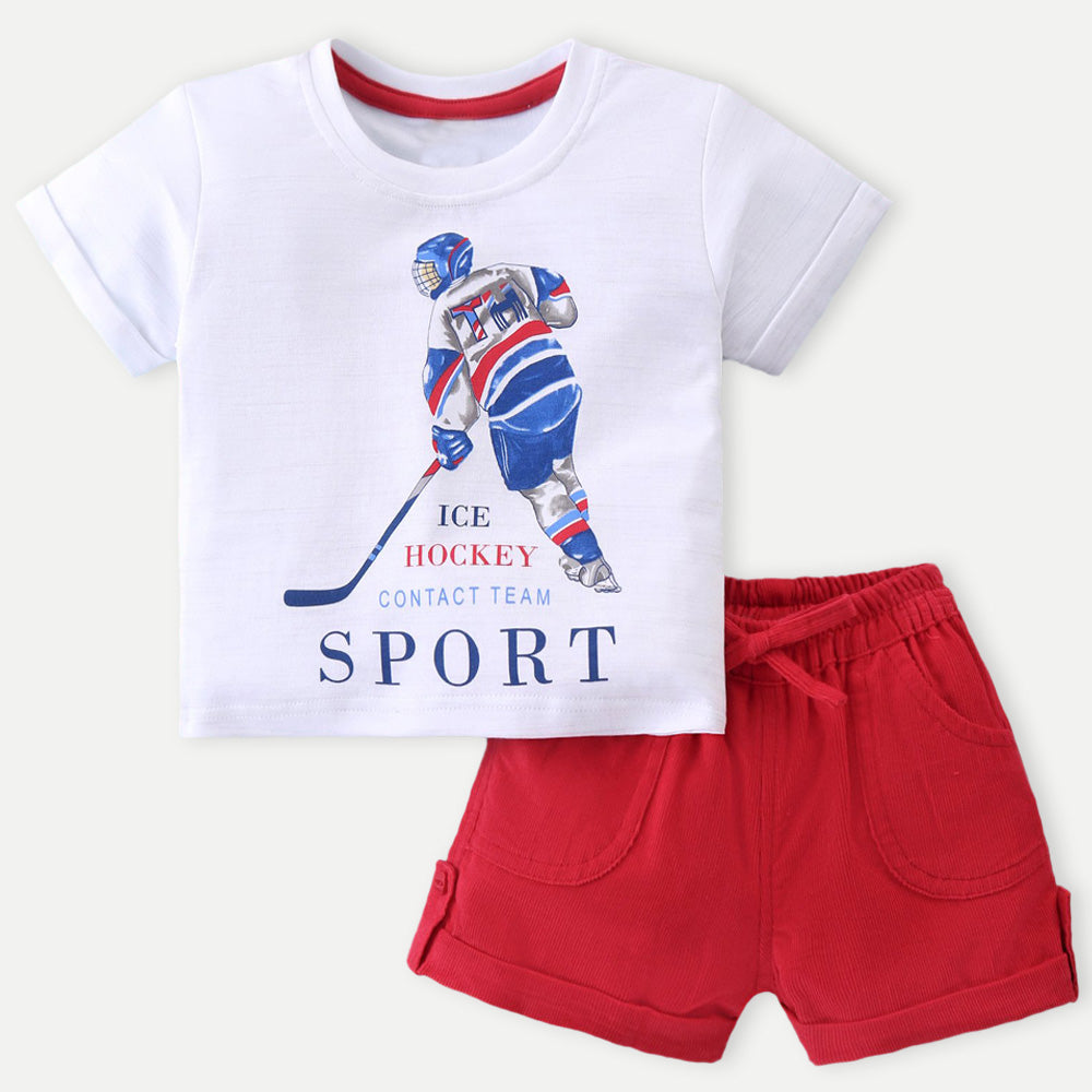 White Half Sleeves T-Shirt Red Corduroy Shorts