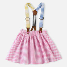 Load image into Gallery viewer, White Half Sleeves Bunny Printed Top &amp; Pink Checkered Skirt With Suspender
