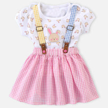 Load image into Gallery viewer, White Half Sleeves Bunny Printed Top &amp; Pink Checkered Skirt With Suspender
