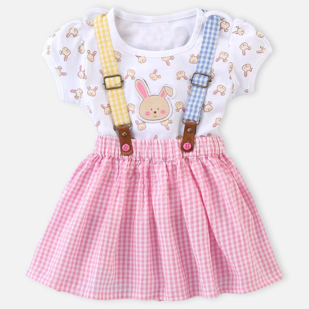 White Half Sleeves Bunny Printed Top & Pink Checkered Skirt With Suspender