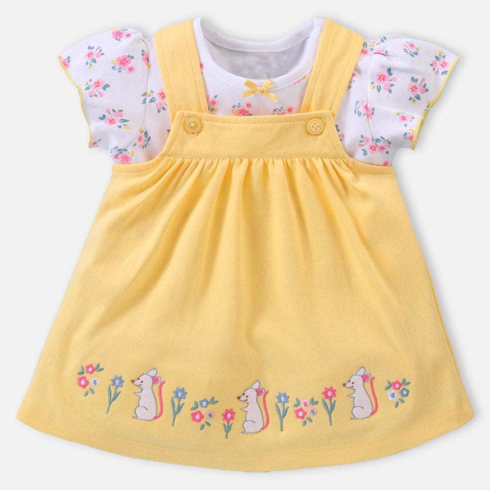 Yellow Embroidered Dungaree Frock With White Floral Top