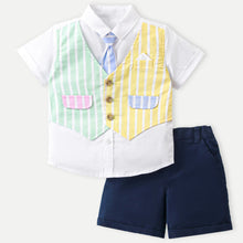 Load image into Gallery viewer, White Half Sleeves Shirt With Attached Striped Waist Coat &amp; Shorts Set With Tie
