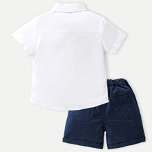 Load image into Gallery viewer, White Half Sleeves Shirt With Attached Striped Waist Coat &amp; Shorts Set With Tie
