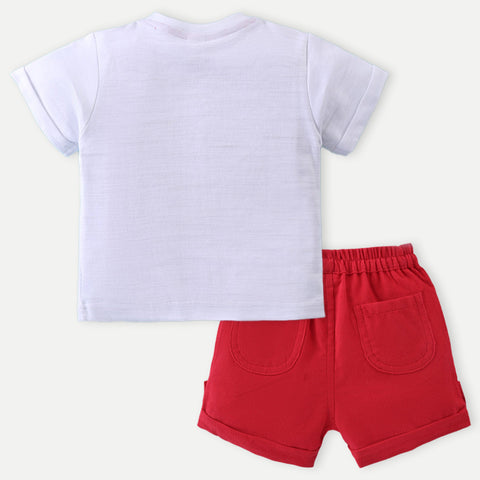 White Half Sleeves T-Shirt Red Corduroy Shorts