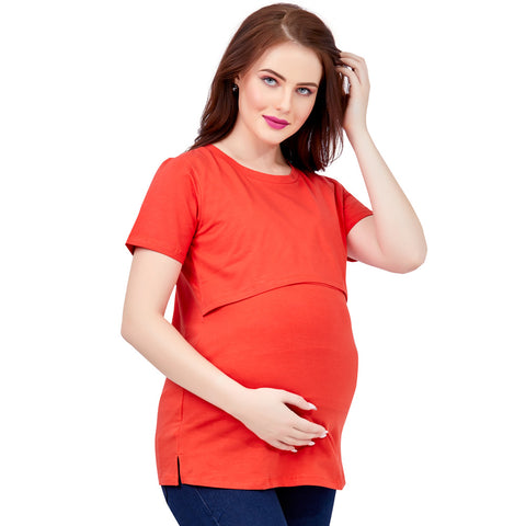 Blue & Coral Red Half Sleeves Maternity Nursing Top