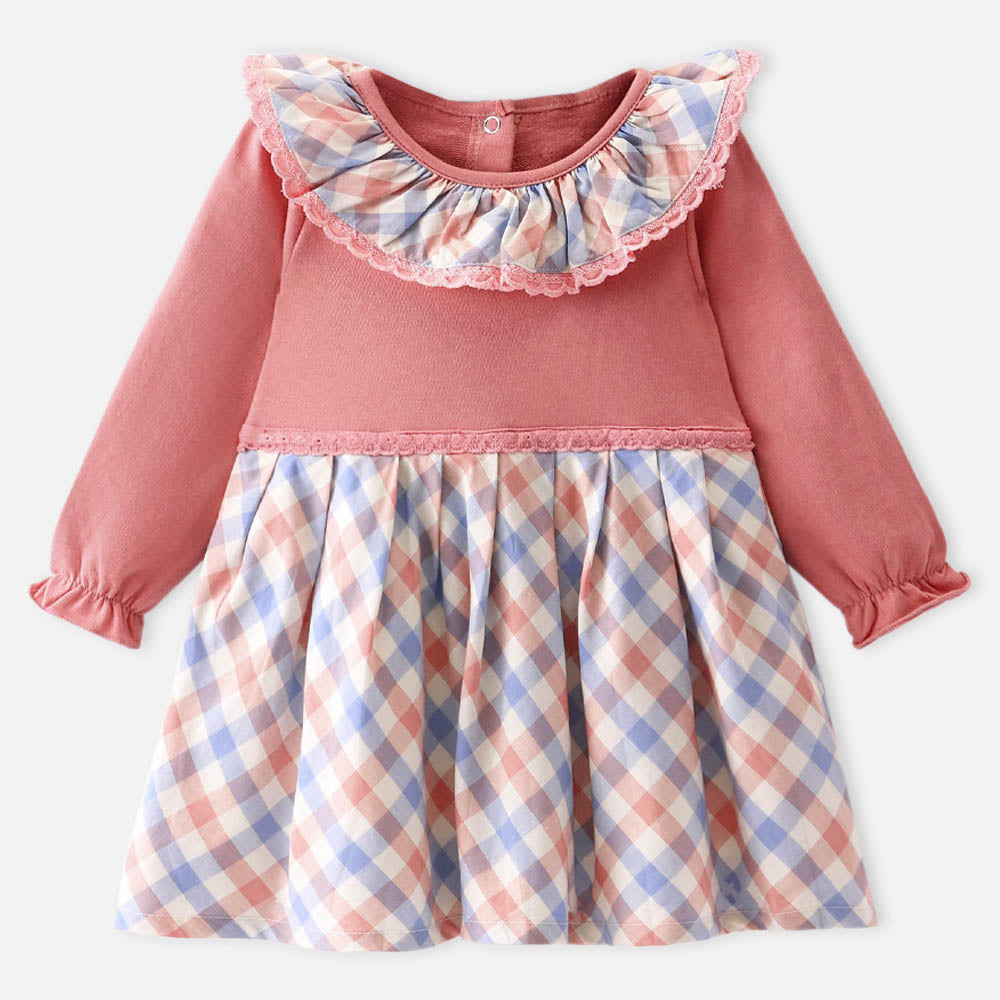 Peach Checked Full Sleeves Dress