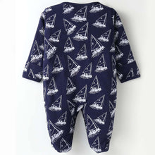 Load image into Gallery viewer, Navy Sailboats Printed Full Sleeves Footsie With Folded Mittens
