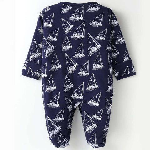 Navy Sailboats Printed Full Sleeves Footsie With Folded Mittens