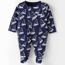 Load image into Gallery viewer, Navy Sailboats Printed Full Sleeves Footsie With Folded Mittens
