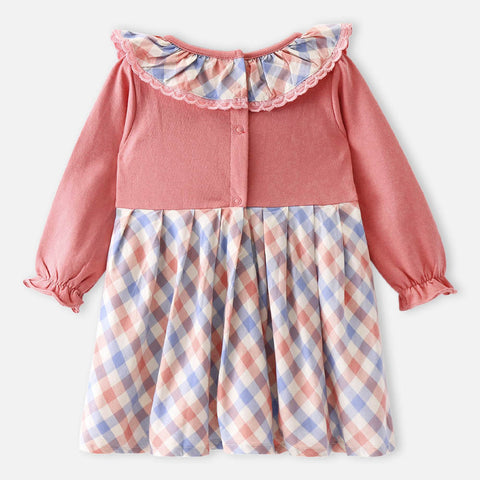 Peach Checked Full Sleeves Dress