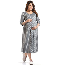 Load image into Gallery viewer, Pink &amp; Grey Striped Printed Nursing Maternity Dress
