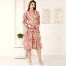 Load image into Gallery viewer, Pink Tropical Printed Box Pleated Nursing Maternity Dress
