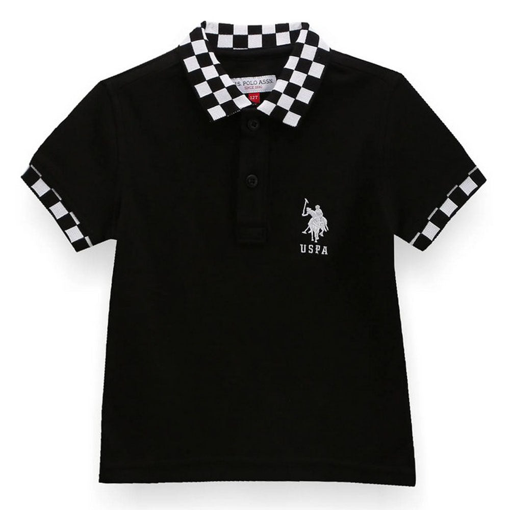 Black Checked Polo Collar Cotton T-Shirt