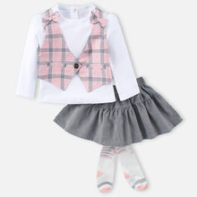 Load image into Gallery viewer, White Top With Checked Waistcoat With Grey Corduroy Skirt &amp; Socks
