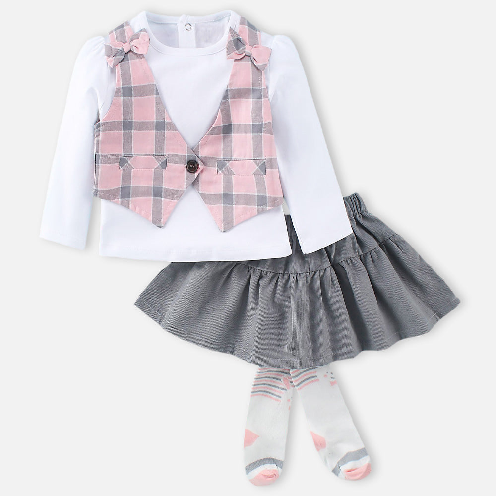 White Top With Checked Waistcoat With Grey Corduroy Skirt & Socks