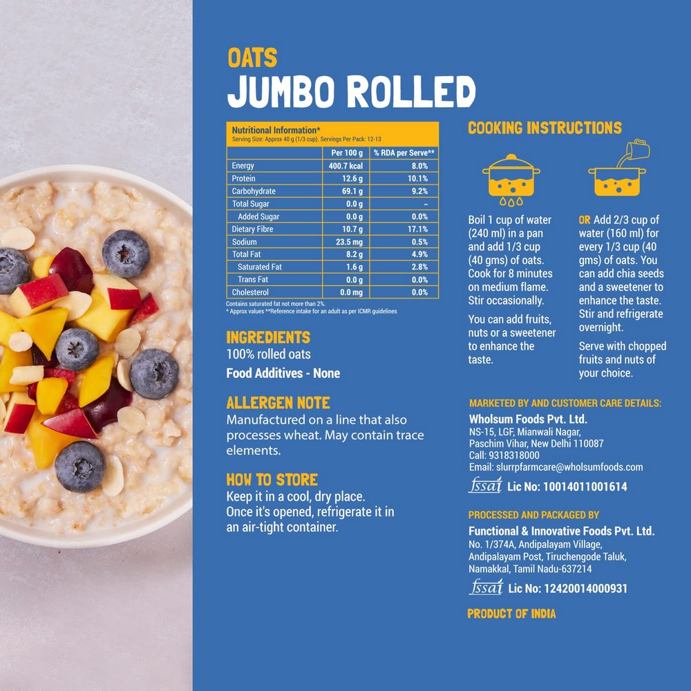 Jumbo Rolled Oats High In Protein & Fibre - 500gm