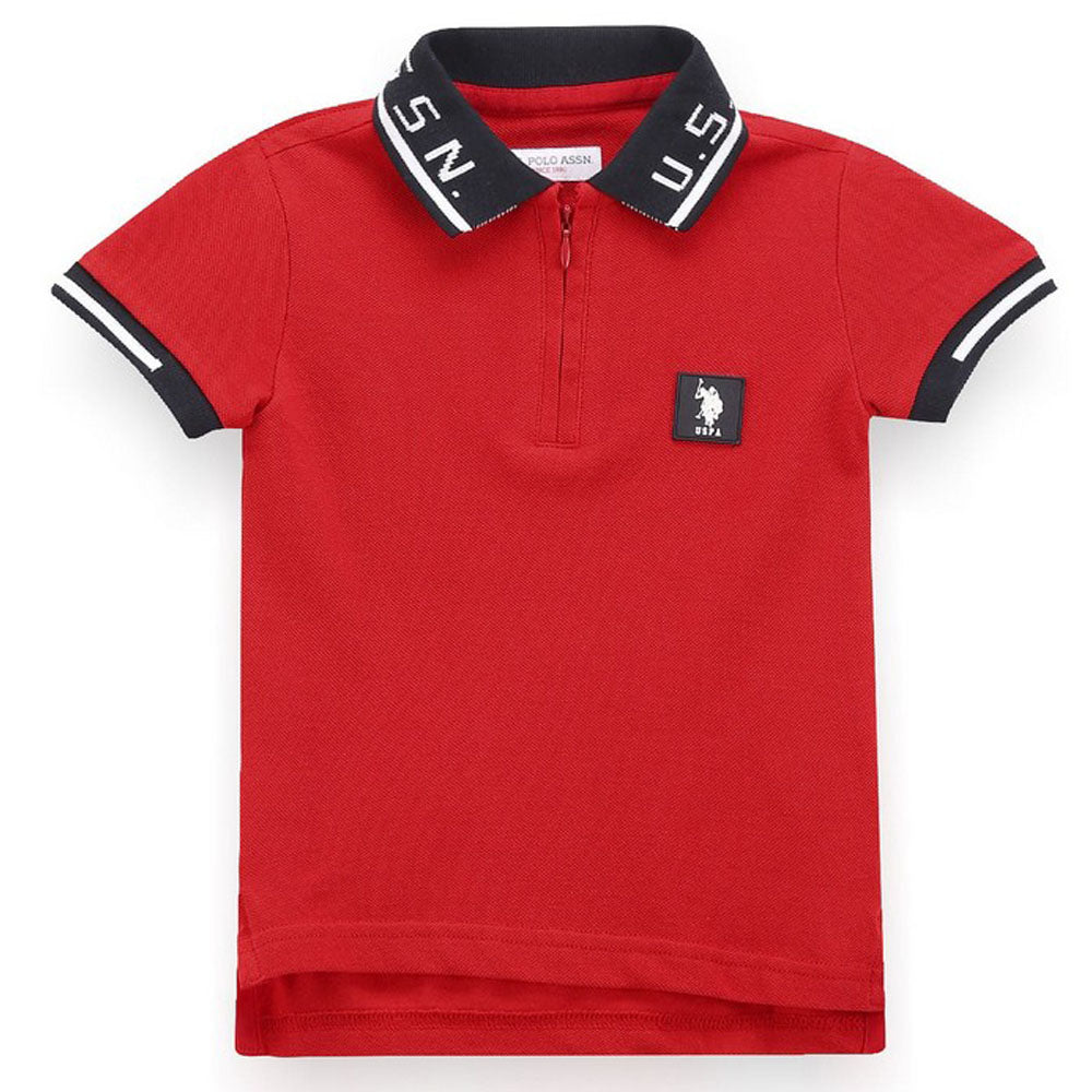 Red Cotton Zipper Polo T-Shirt