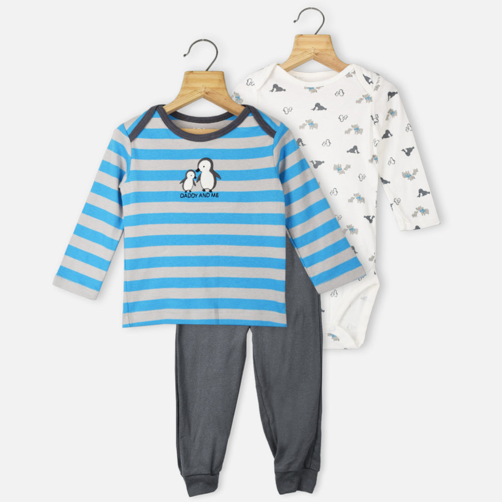 Blue Striped Full Sleeves Cotton Baby Clothing Set- 3 Pieces