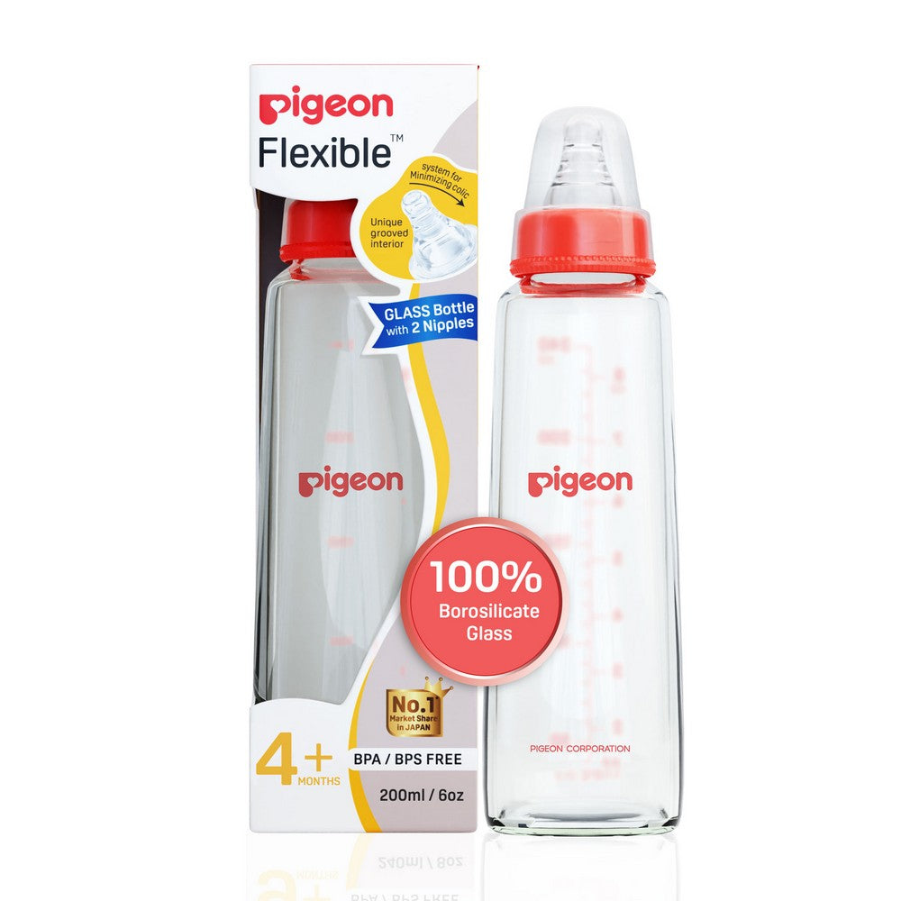Red Glass Feeding Bottle With 2 Nipples- 200ml