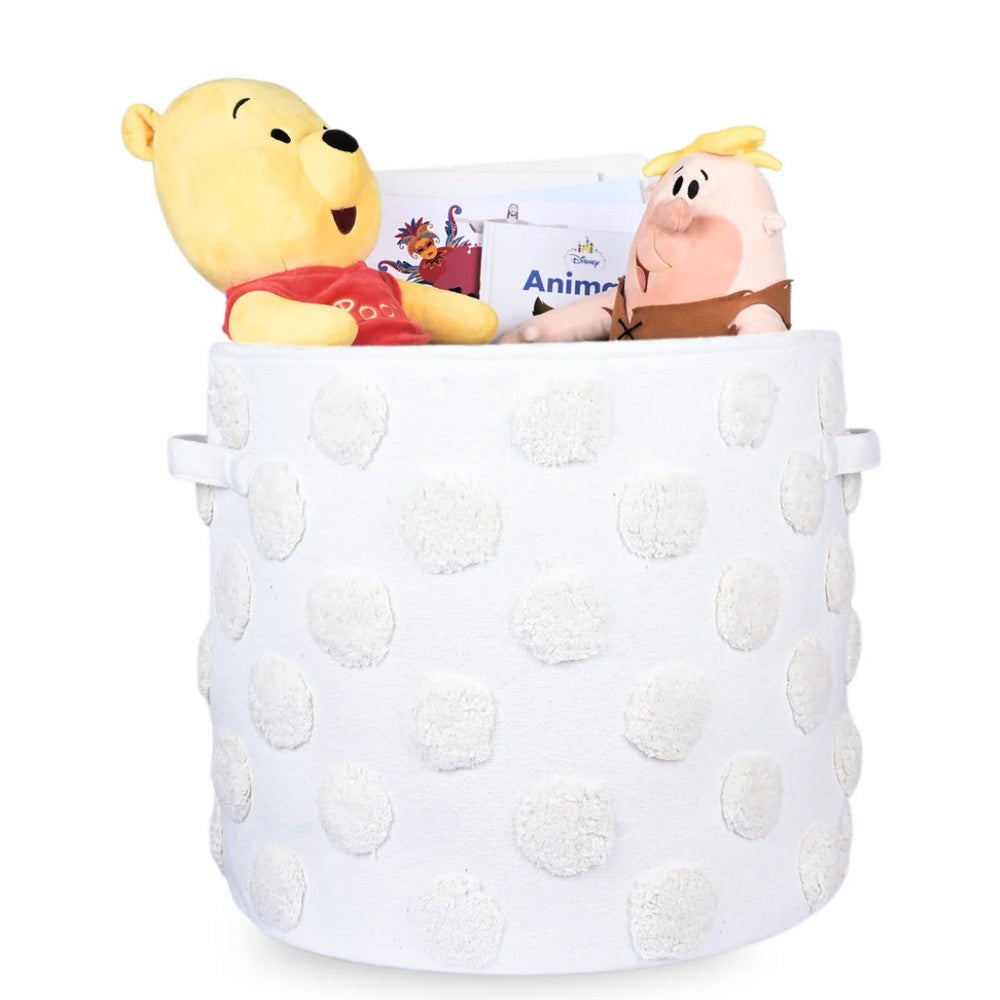 Pom Pom Round Beige Toy Storage Basket
