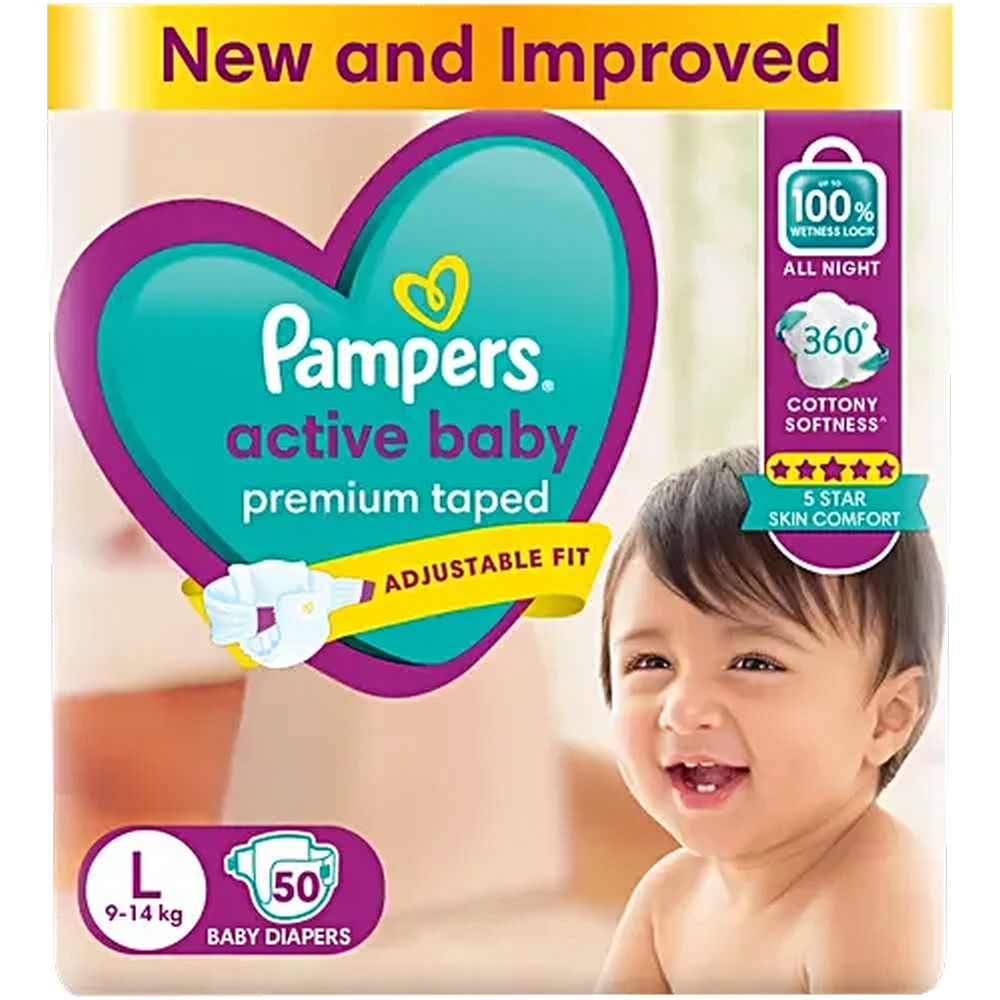 Large Pampers Active Baby Diapers - 50 Pieces (9-14 kg)