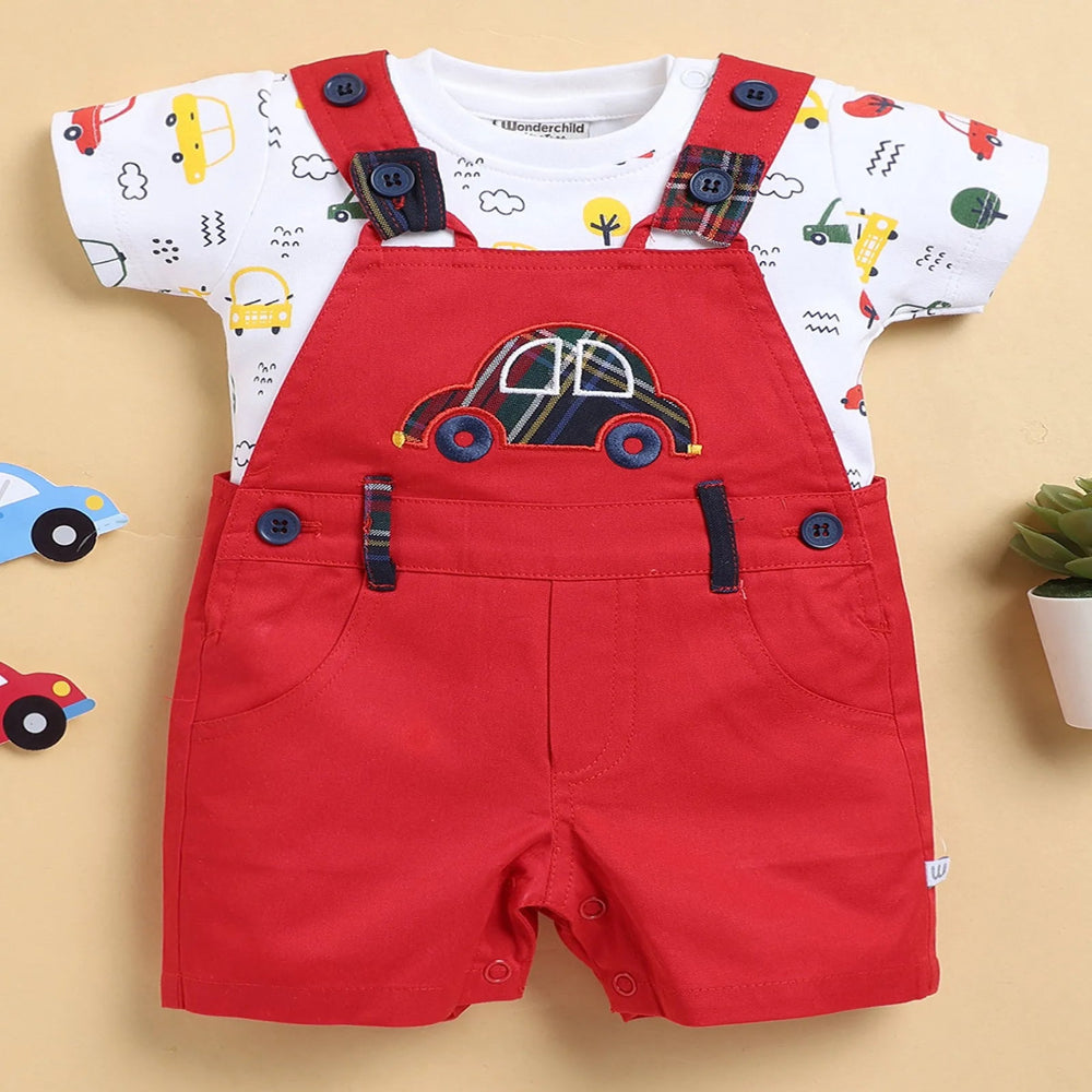 Red Romper With Car Printed T-Shirt